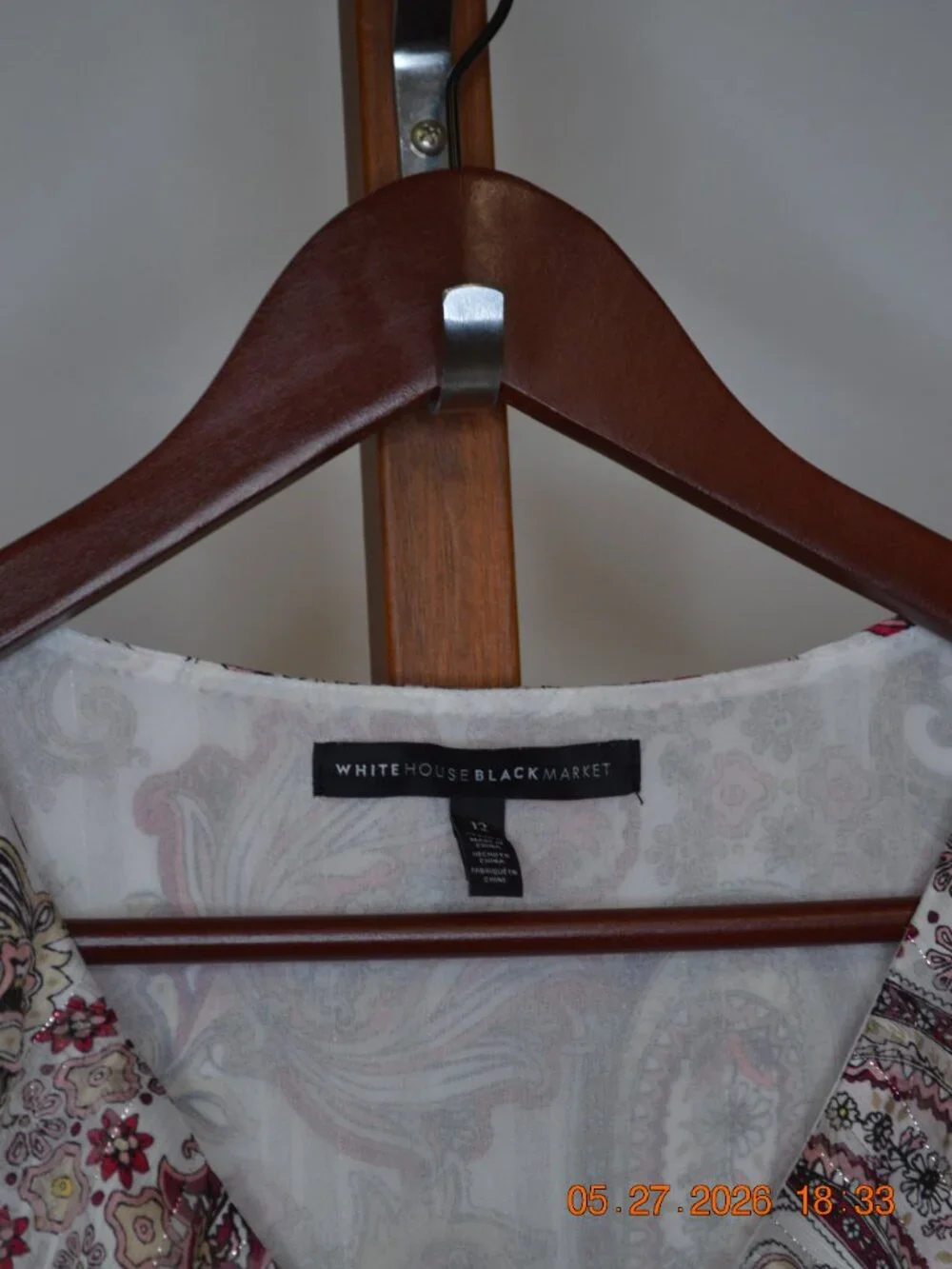 White House Black Market Women’s Size 12 White Paisley Tie Front Sheer Blouse